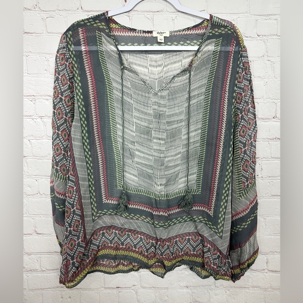 Dylan Peasant Blouse‎ Bohemian Top Womens Size L sheer front tie